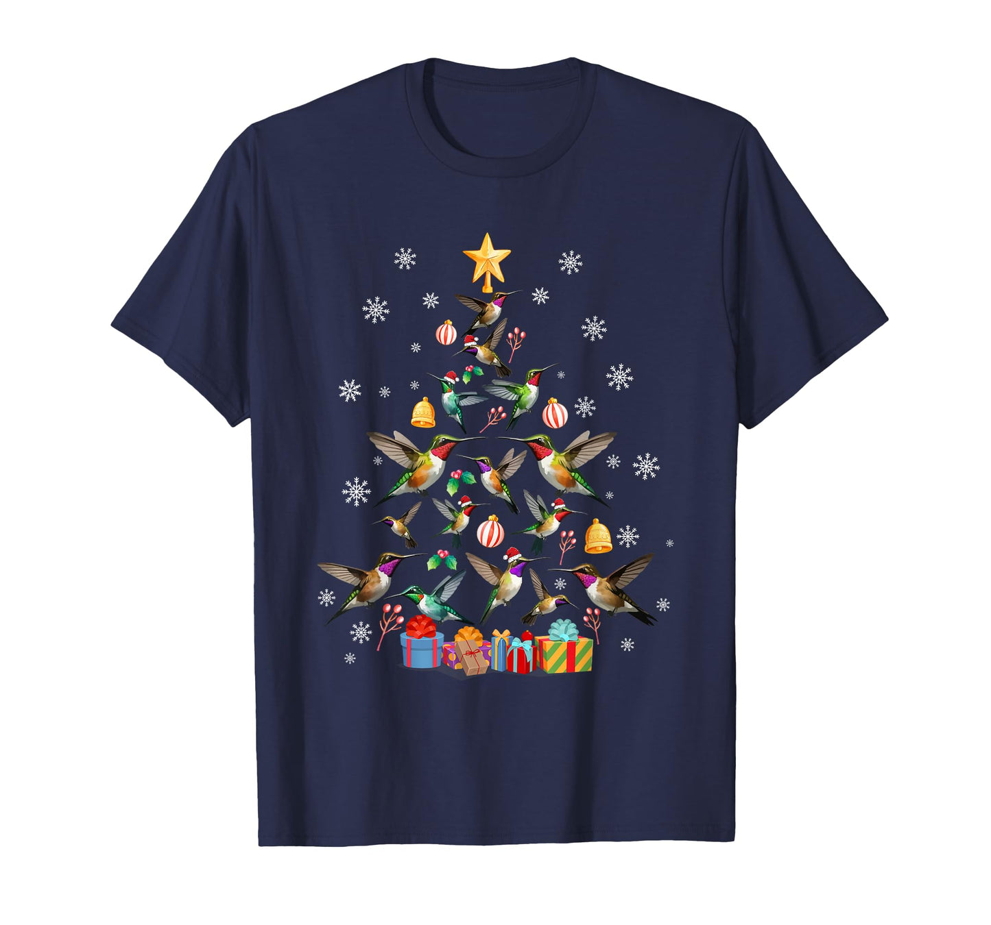 Funny Xmas Celebration Party Family Friends Unisex-Kids Teens Adults Hummingbird Christmas Tree Black T-Shirt