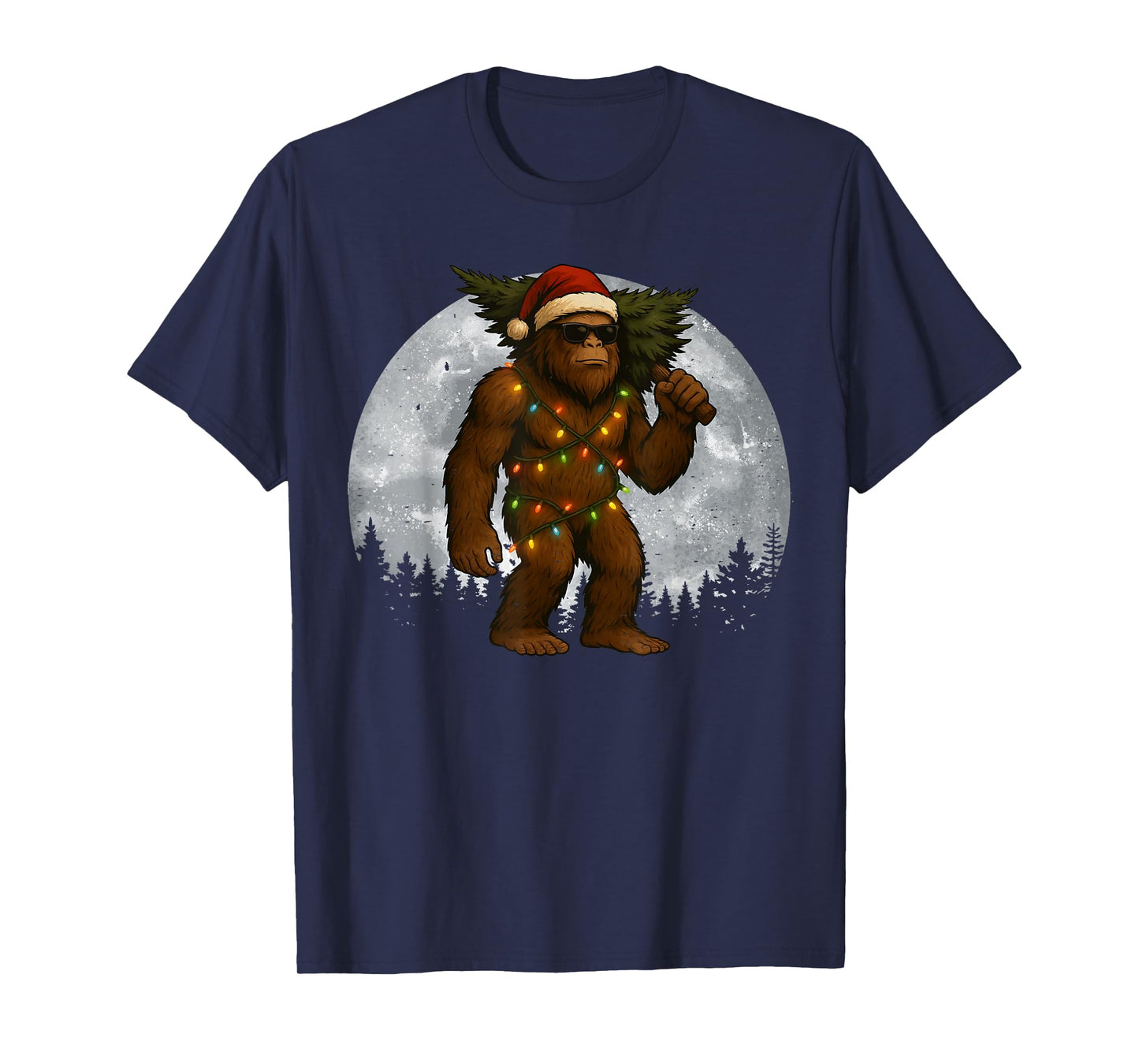 Santa Bigfoot Christmas Lights Funny Sasquatch Believe T-Shirt