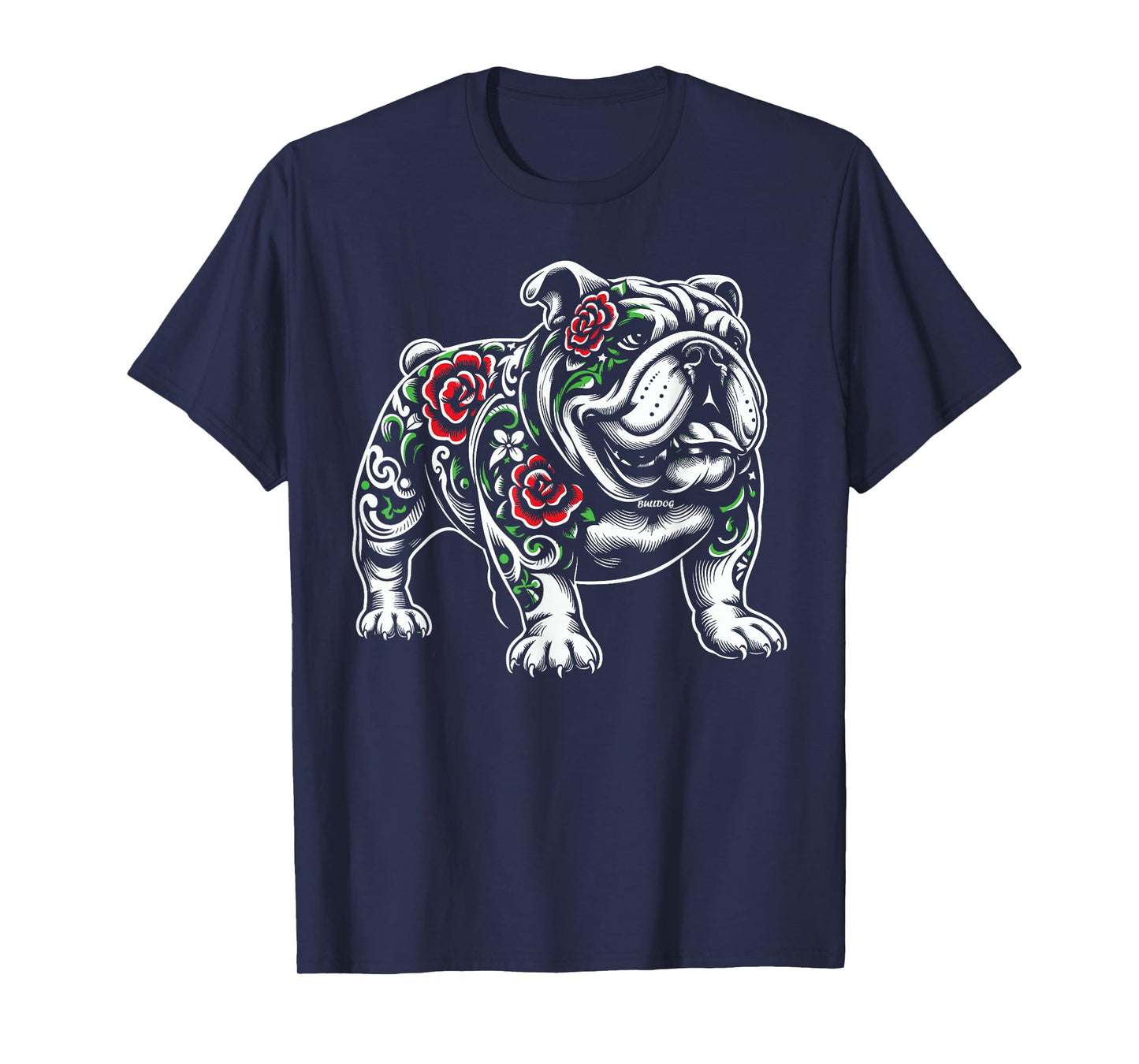 Bulldog Floral Red Rose Mens Womens T-Shirt
