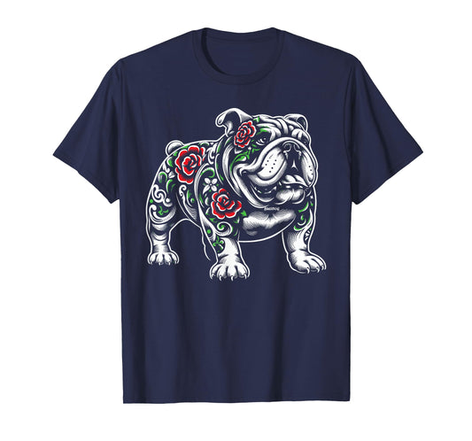Bulldog Floral Red Rose Mens Womens T-Shirt