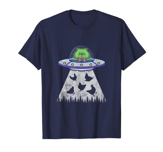 Cat Abduction Chicken Funny UFO Alien Lover Vintage Distress T-Shirt