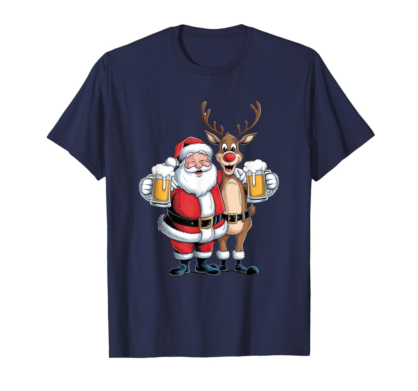 Santa Having a Beer with Reindeer. Funny Xmas Holidays T-Shirt