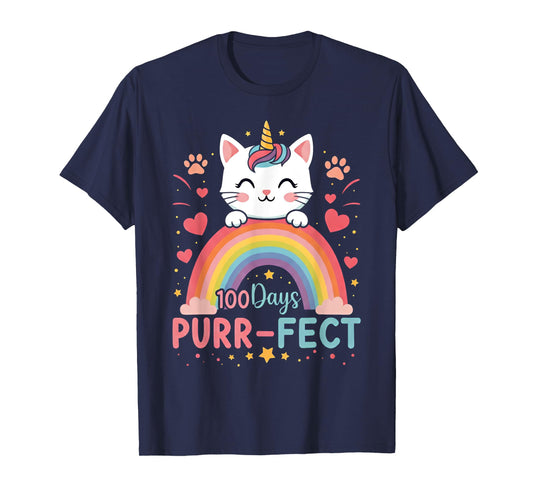 100 Days of School Purr-fect Cat Kitten Caticorn Rainbow Men Women Girls Kids T-Shirt
