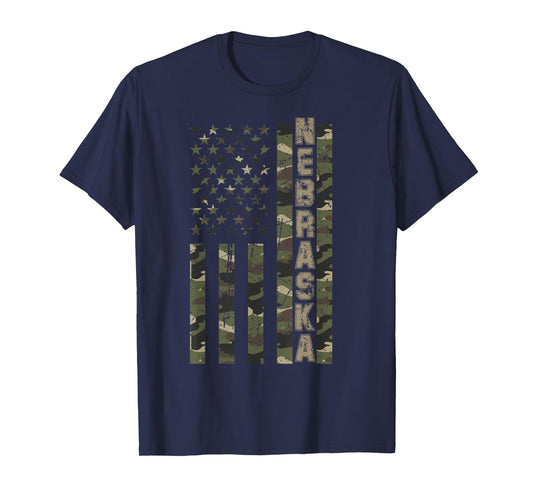 Nebraska United States Distressed Camo w US Flag T-Shirt