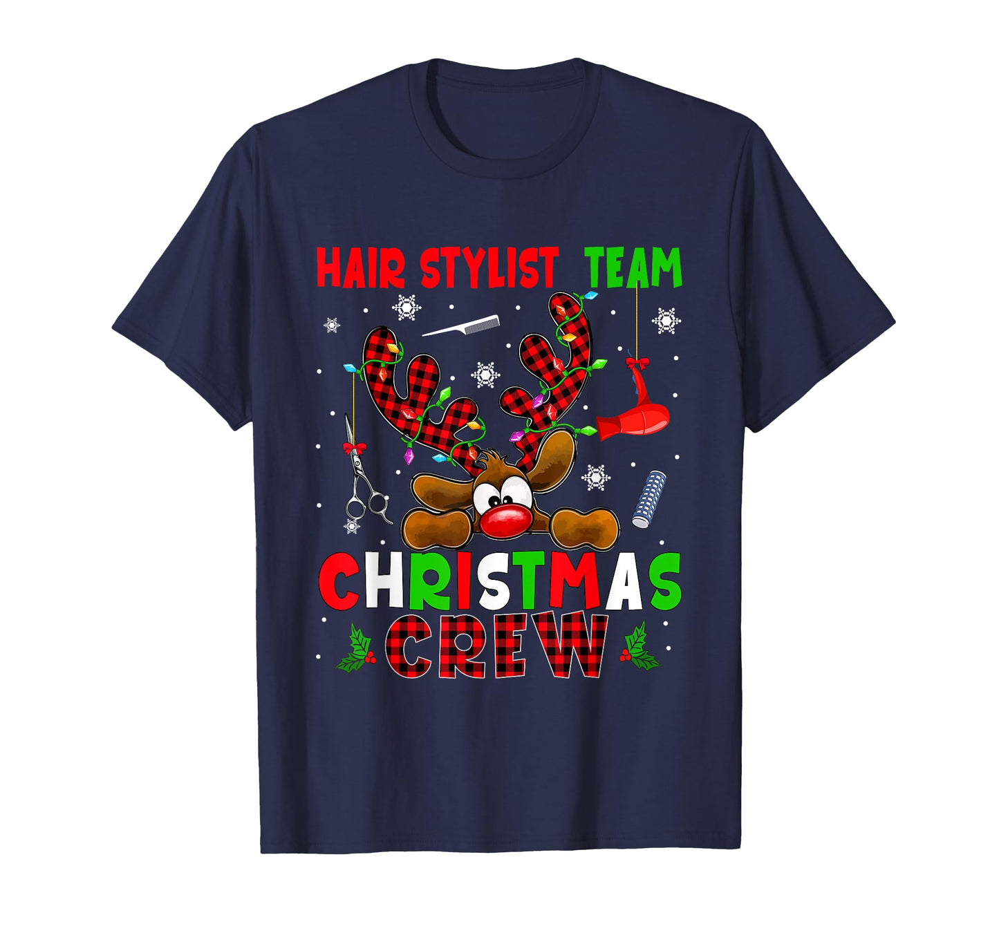 Hair Stylist Team Christmas Crew Proud Job Colorful Reindeer T-Shirt
