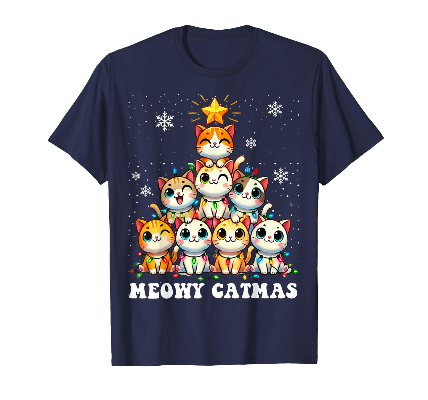 Meowy Catmas Funny Christmas Tree Lights Cute Cat Lover Xmas Men Women Kids T-Shirt