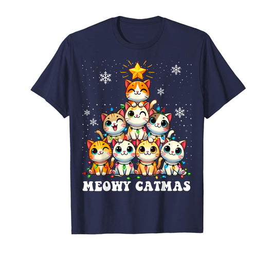 Meowy Catmas Funny Christmas Tree Lights Cute Cat Lover Xmas Men Women Kids T-Shirt