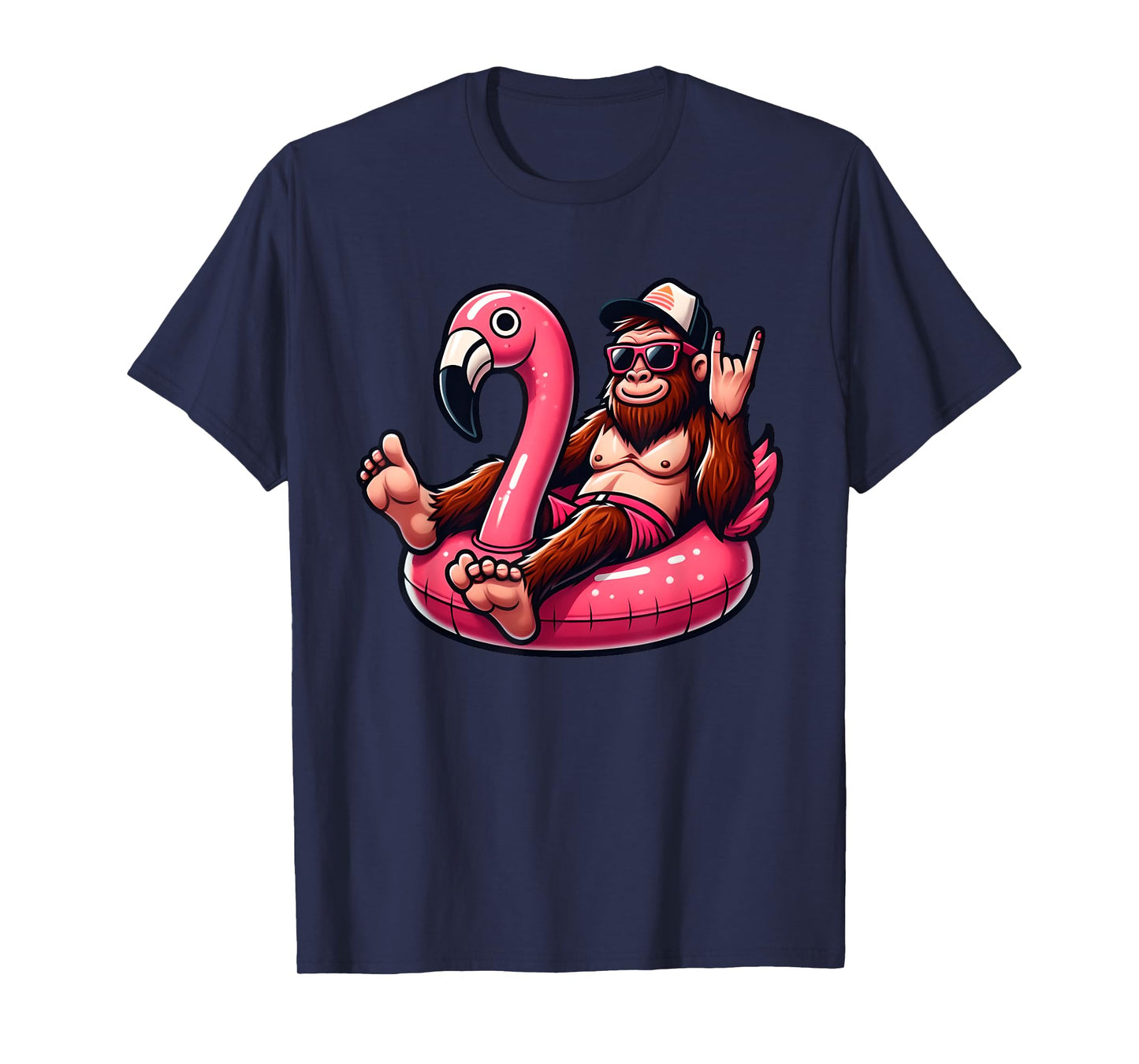 Bigfoot Chilling on Pink Flamingo Pool Float Beach Vacation T-Shirt