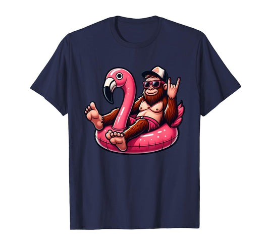 Bigfoot Chilling on Pink Flamingo Pool Float Beach Vacation T-Shirt