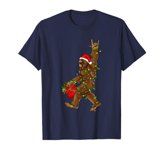 Santa Bigfoot Christmas Lights Funny Sasquatch Believe T-Shirt