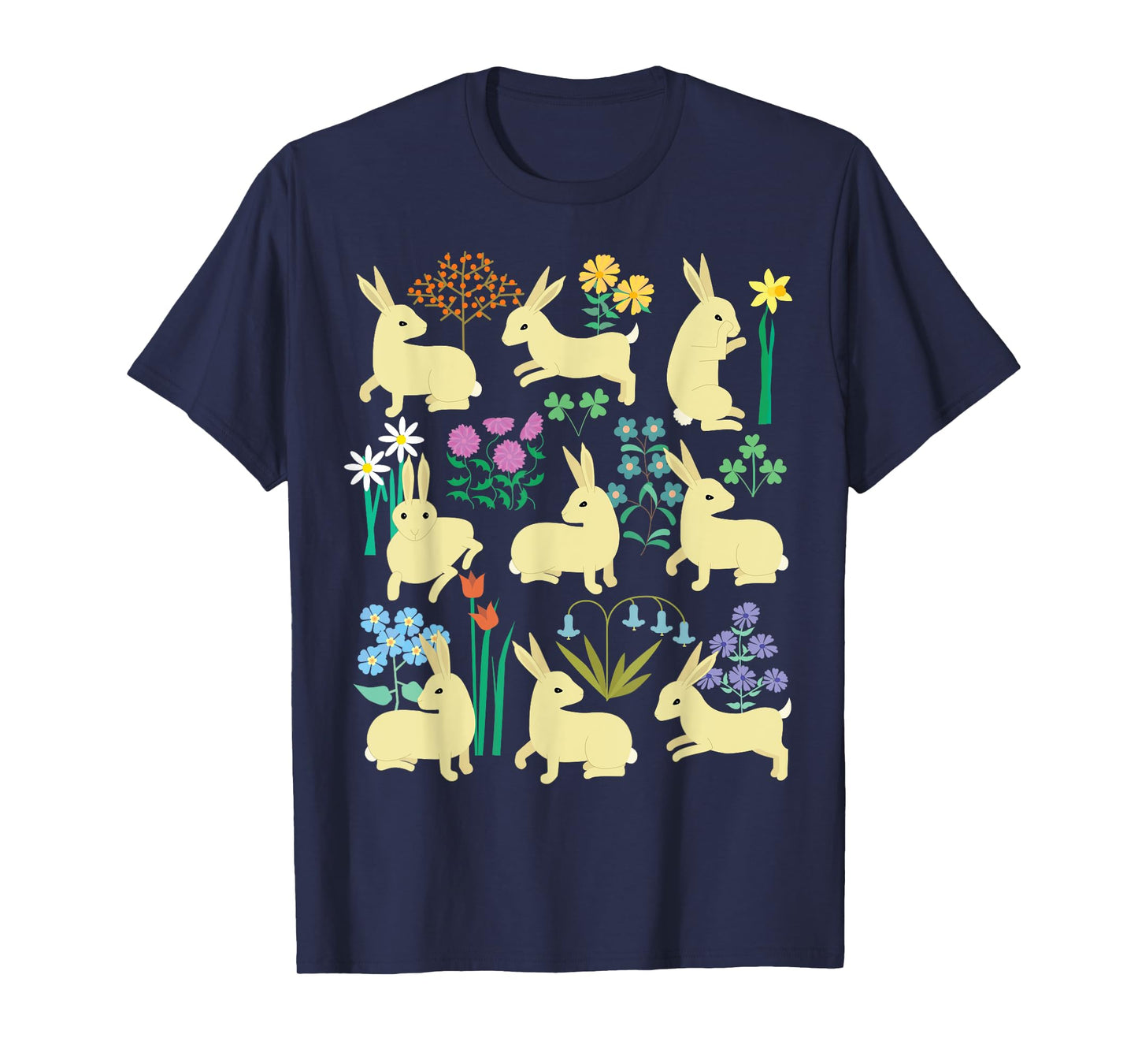 Playful little rabbits (bunnies) among colorful flowers T-Shirt