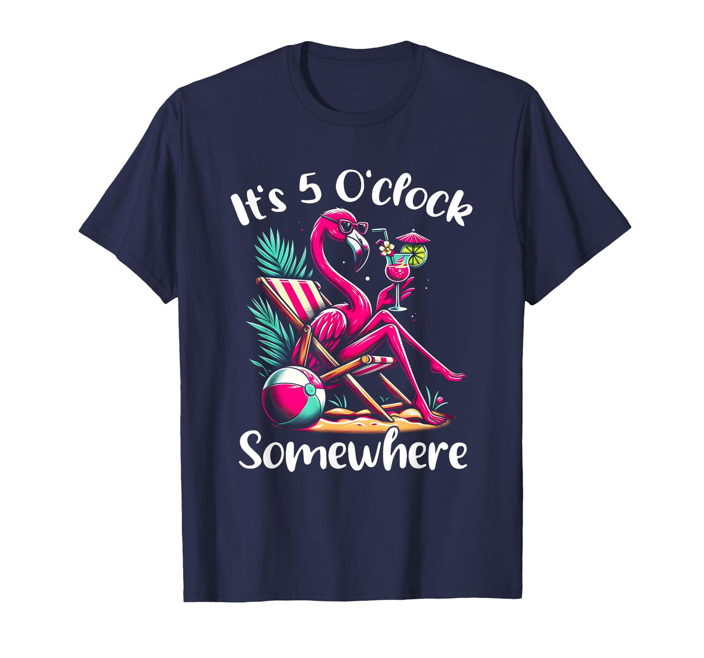 It's 5 O'clock Somewhere Flamingo Drinking Beach Vacation T-Shirt