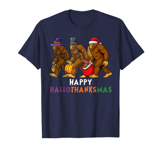 Hallothanksmas Bigfoot Halloween Thanksgiving Christmas T-Shirt