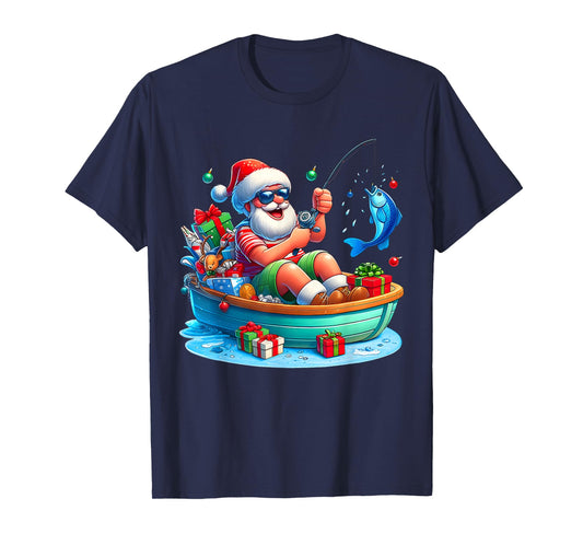 Funny Santa Claus Fishing Christmas In July Beach Boy Kids T-Shirt