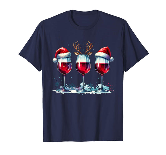 Christmas Wine Lover Reindeer Santa Hat Xmas Wine Womens T-Shirt