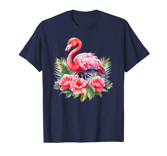 Flamingo Flowers Tropical Watercolor Bird Womens Top T-Shirt