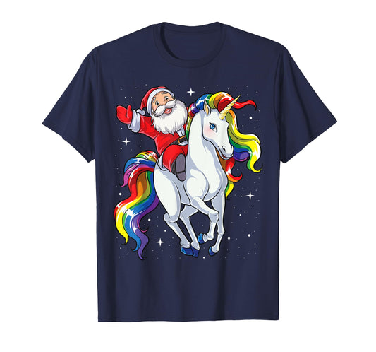 Christmas Santa Riding Unicorn Xmas Girls Women Rainbow T-Shirt