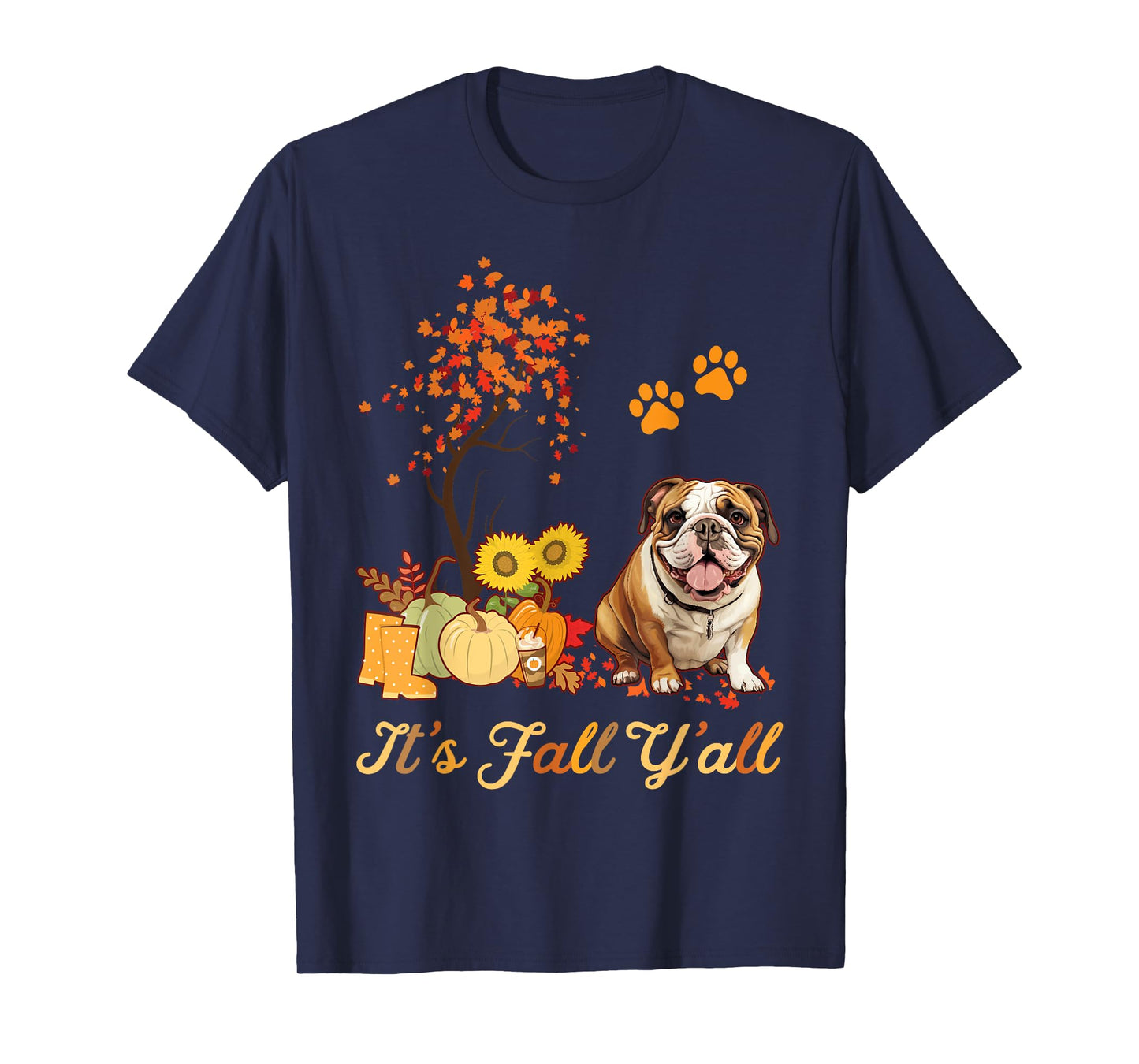 English Bulldog Fall Leaves Autumn Maple Tree Thanksgiving T-Shirt