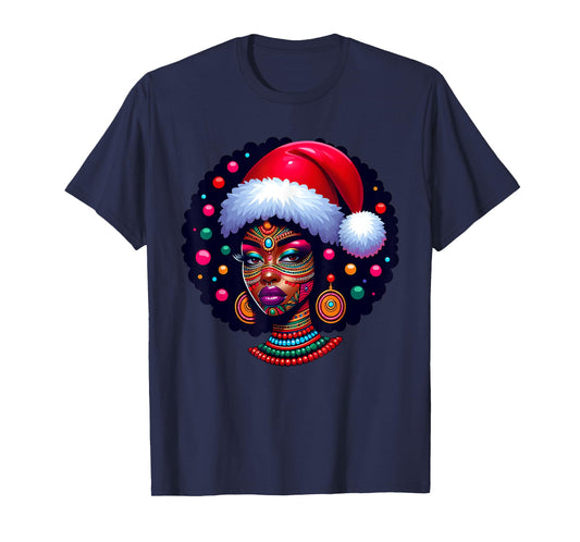 Cute Christmas Santa Pajama African American Afro Black Girl T-Shirt