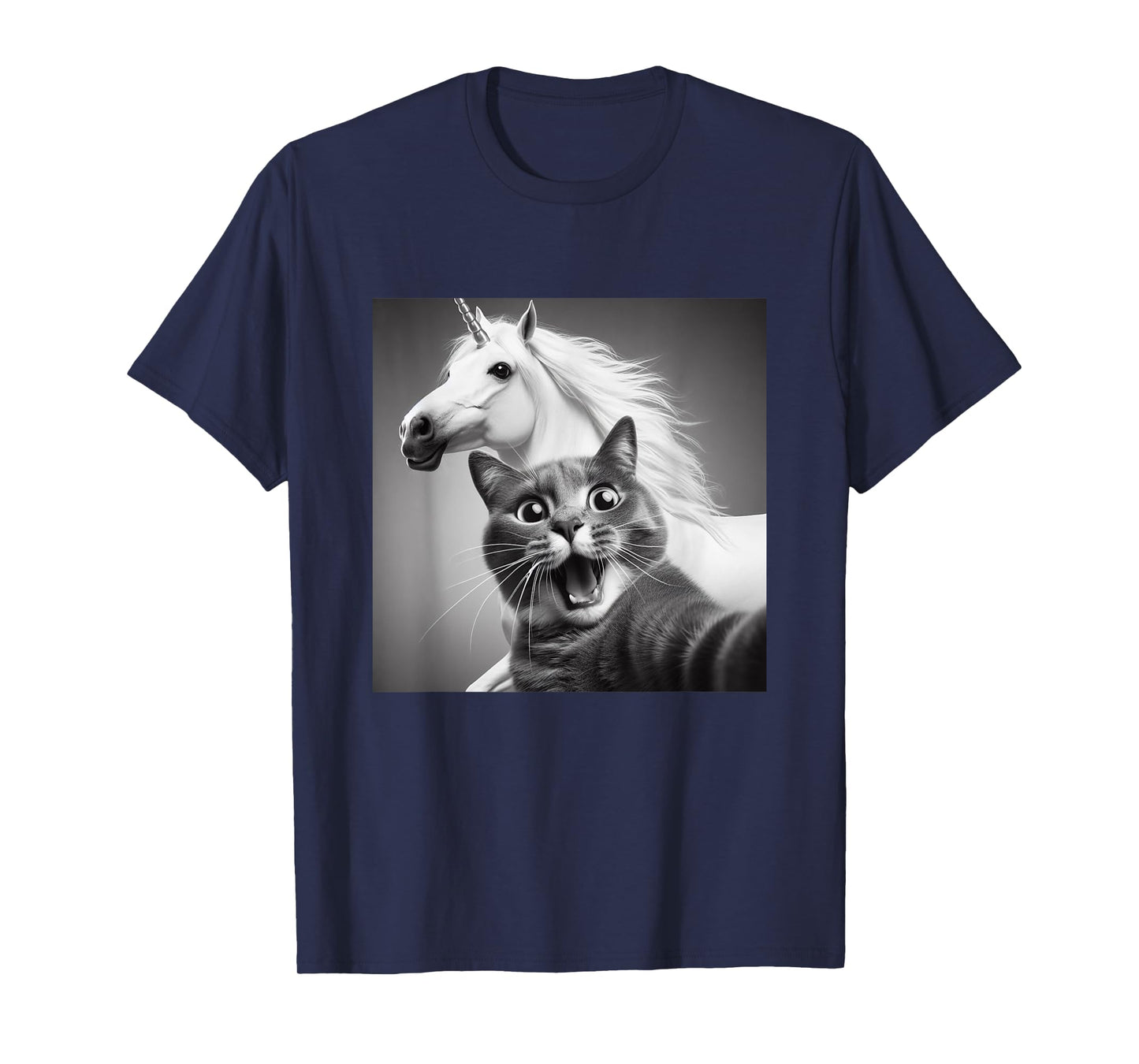 Funny Surprised And Scared Cat Taking Selfie With Unicorn T-Shirt for Men Women Girls Kids