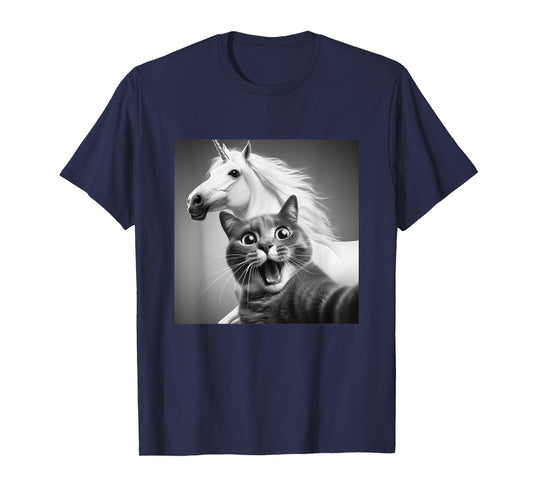Funny Surprised And Scared Cat Taking Selfie With Unicorn T-Shirt for Men Women Girls Kids