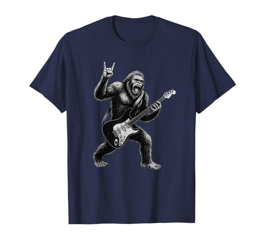 Funny Bigfoot Sasquatch Playing Guitar, Rock and Roll Music T-Shirt