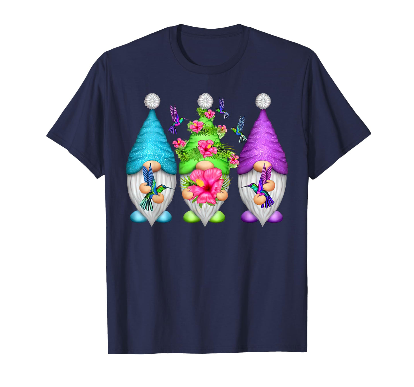 Cute Gnomes Hummingbirds Hibiscus Flower Bird Nature Lover T-Shirt