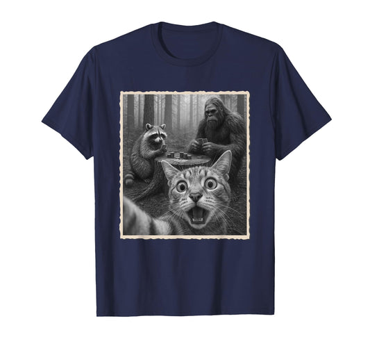 Cat Selfie With Raccoon & Bigfoot | Funny Scared Cat T-Shirt