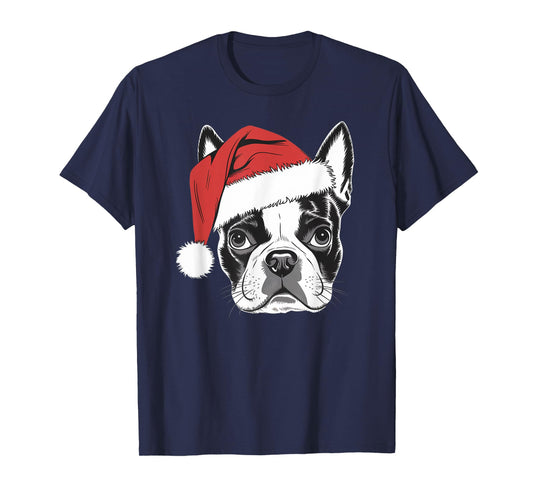 Joyful Boston Terrier Santa Dog on Boston Terrier Christmas T-Shirt for Men Women Kids