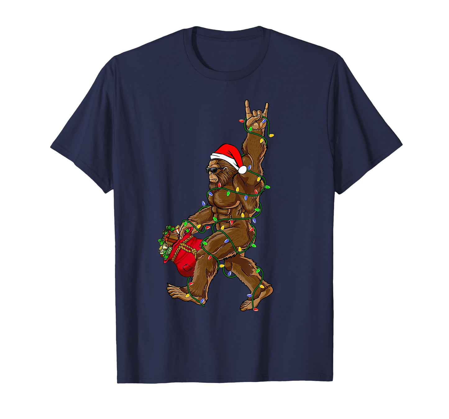 Santa Bigfoot Christmas Lights Rock Funny Sasquatch Believe T-Shirt