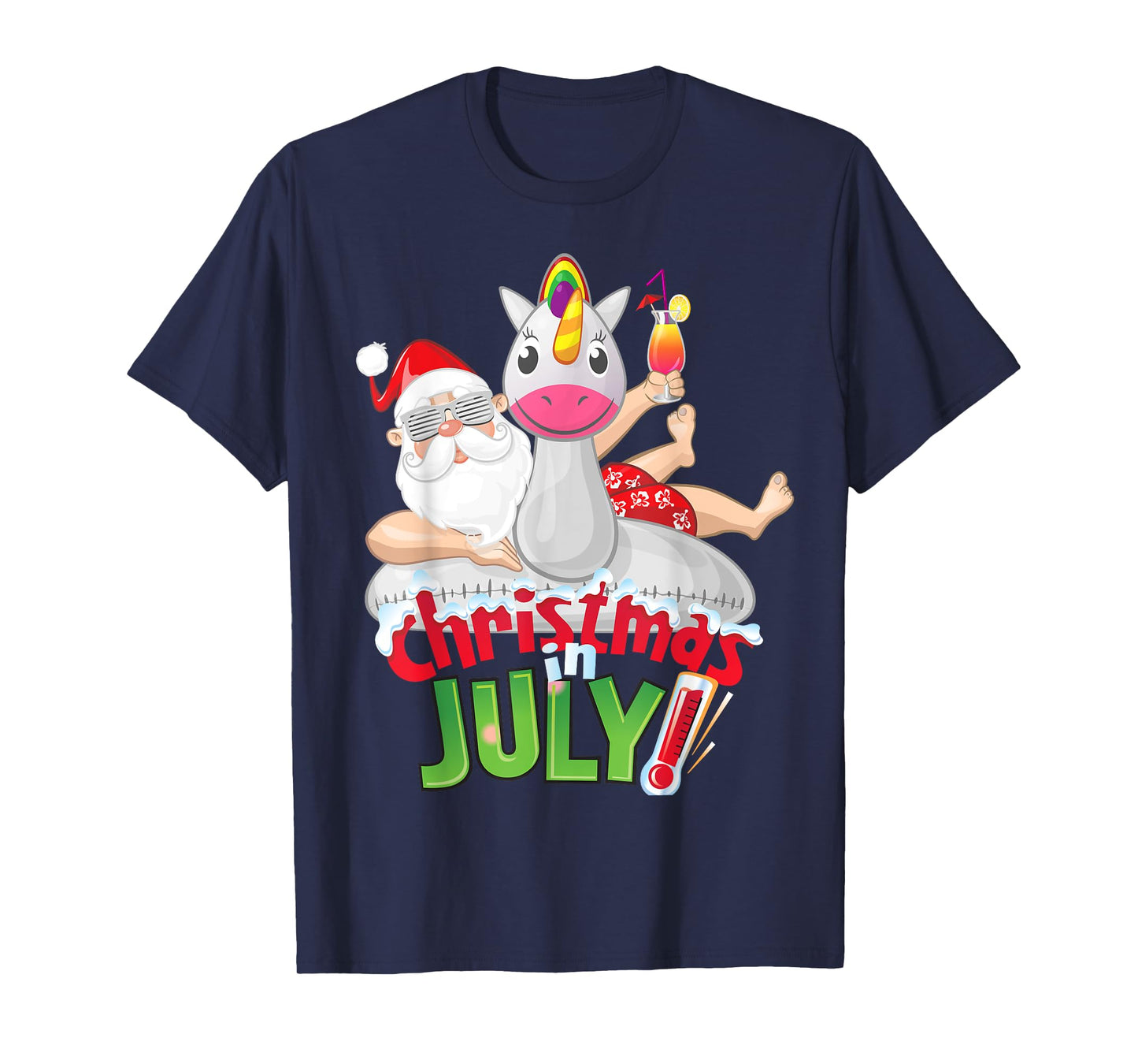 Funny Christmas in July Shirt Summer Unicorn Float Xmas T-Shirt for Men Women Kids