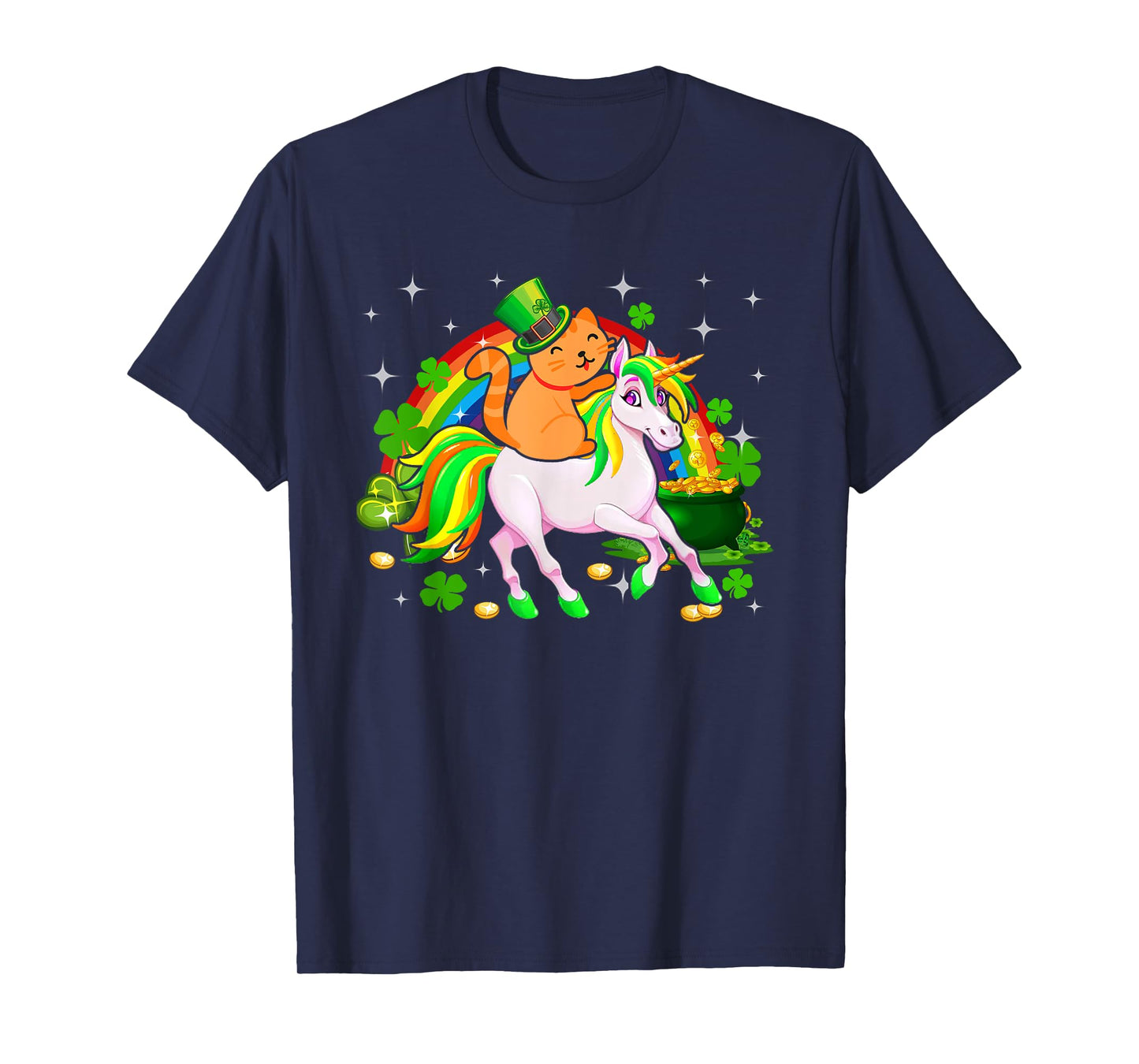 Leprechaun Cat Riding Unicorn Happy St Patrick's Day Gifts T-Shirt for Men Women Kids