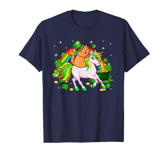 Leprechaun Cat Riding Unicorn Happy St Patrick's Day Gifts T-Shirt for Men Women Kids