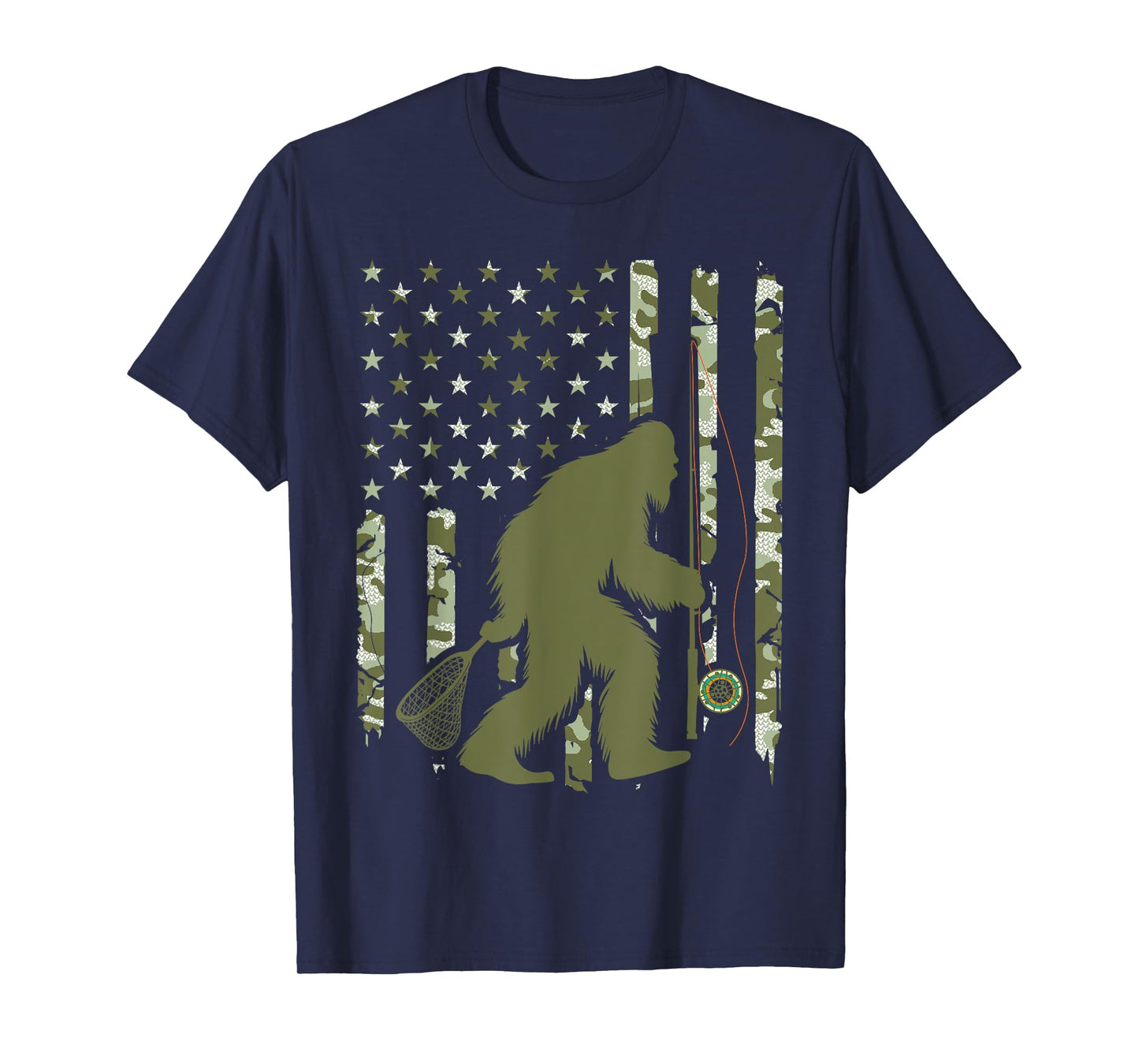Bigfoot Sasquatch Fly Fishing American Flag Camo Vintage T-Shirt