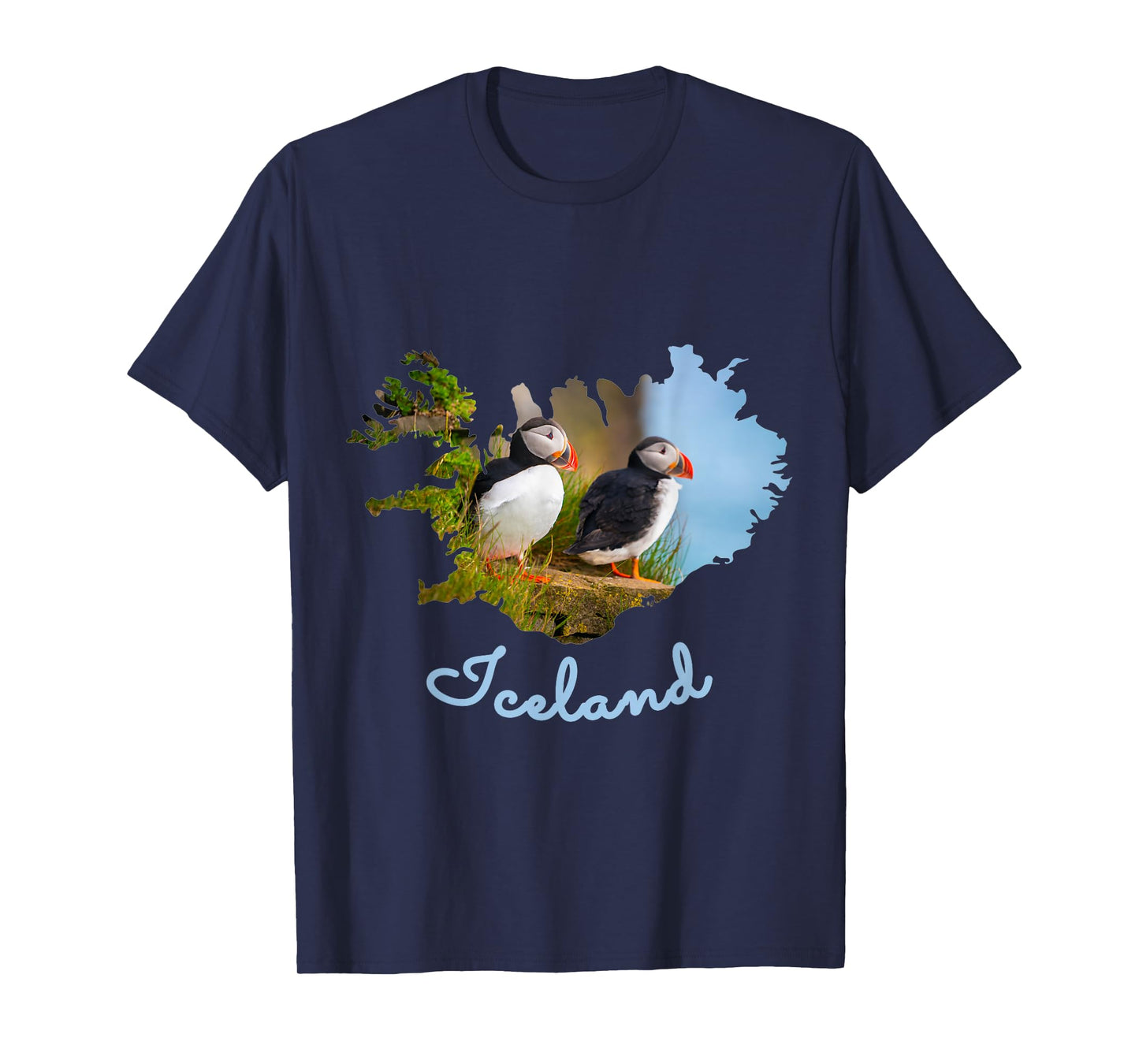 Puffin Bird Iceland Map Outline & Text Design T-Shirt