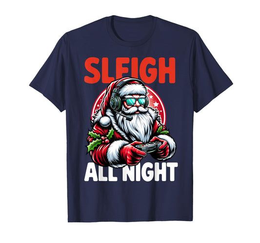 Christmas Gamer Boys Sleigh All Night Video Game Santa Xmas T-Shirt