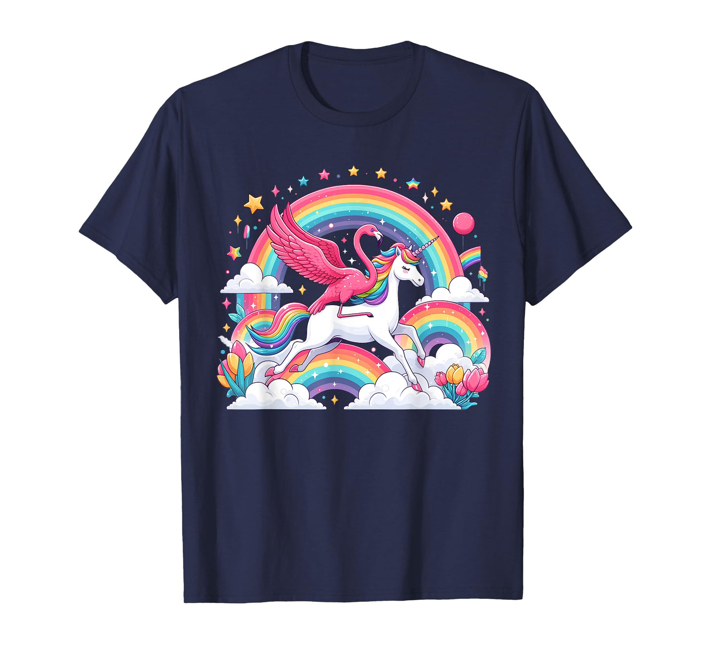 Flamingo Riding Unicorn Galaxy Rainbow Lover Girl Women T-Shirt