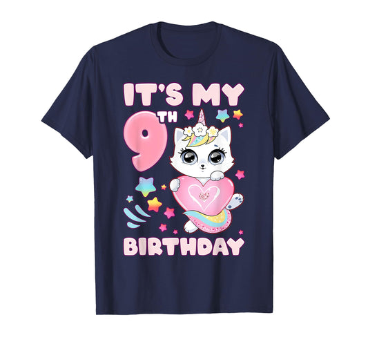 Birthday girl 9 years old, cat, unicorn, 9th birthday T-Shirt