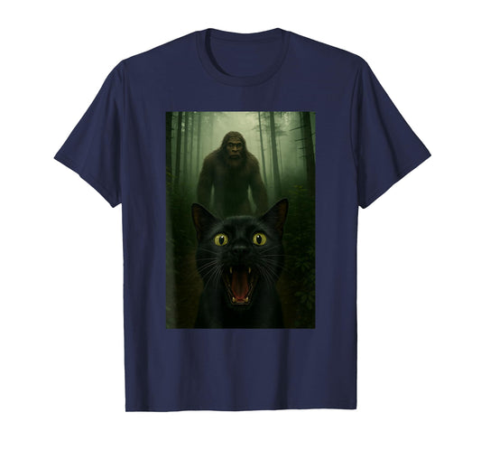 Black Cat Selfie With Bigfoot Funny Sasquatch T-Shirt