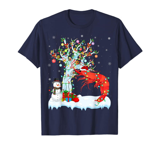 Shrimp Fish Xmas Lighting Tree Santa Hat Shrimp Christmas T-Shirt