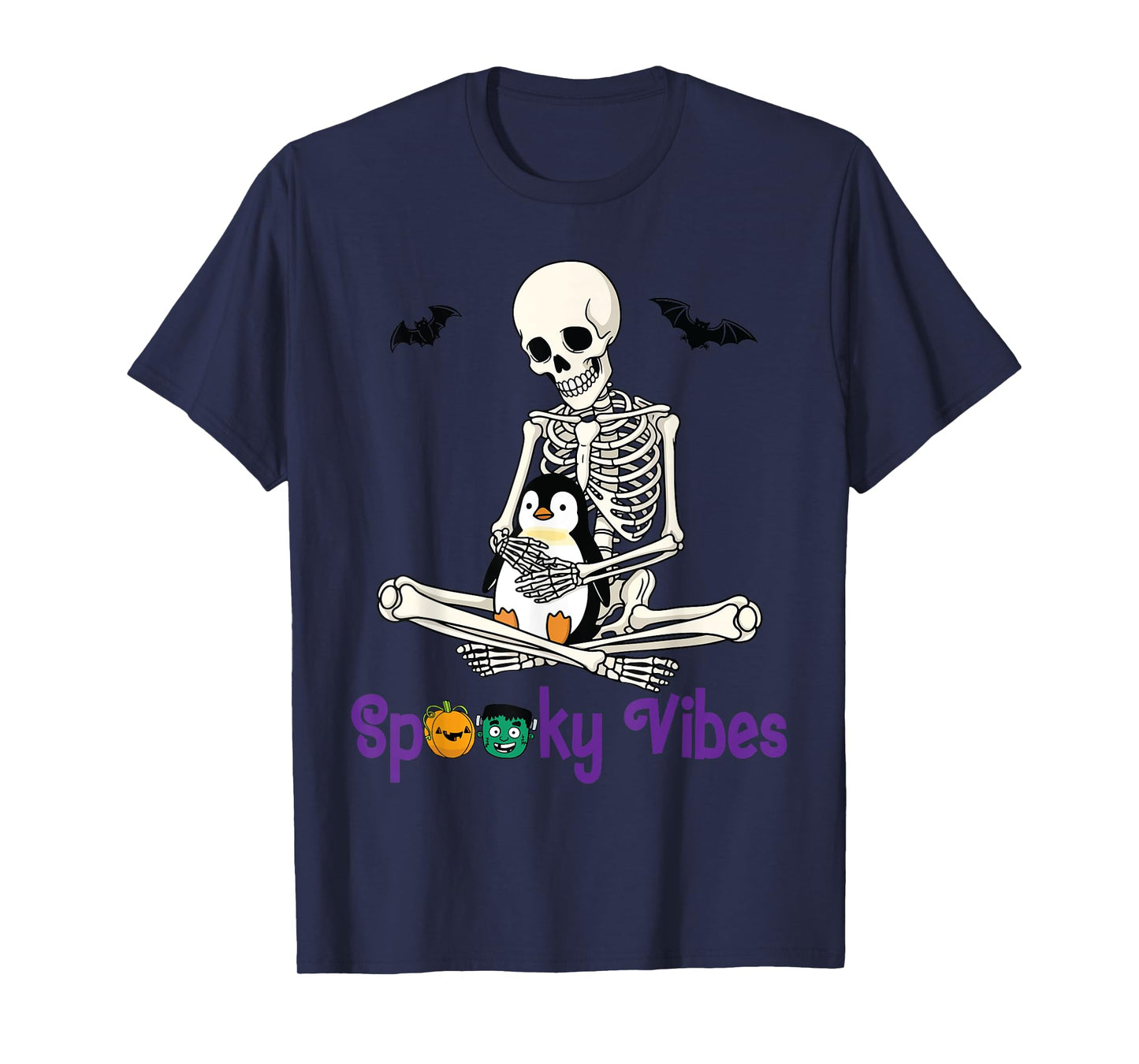 Skeleton Hugging Penguin Cute Spooky Vibes Halloween Day T-Shirt