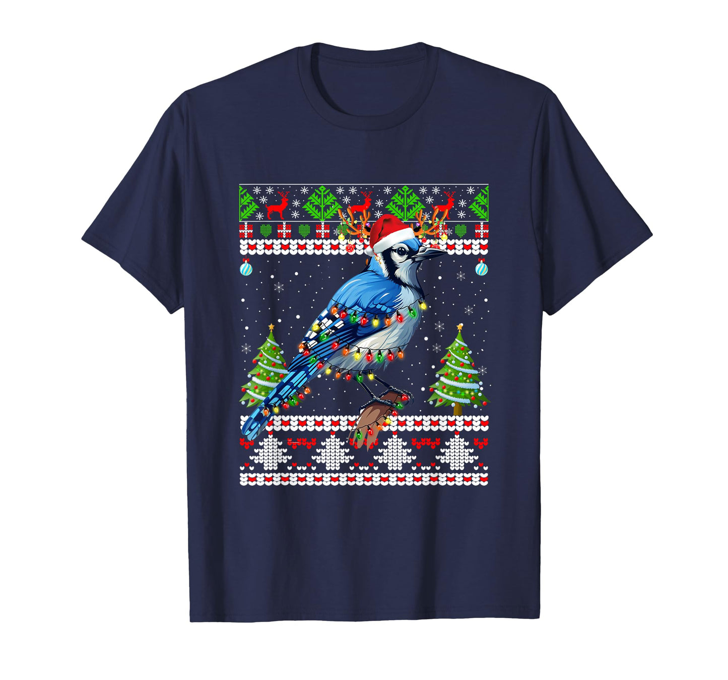 Xmas Lights Ugly Sweater Style Santa Blue Jay Bird Christmas T-Shirt