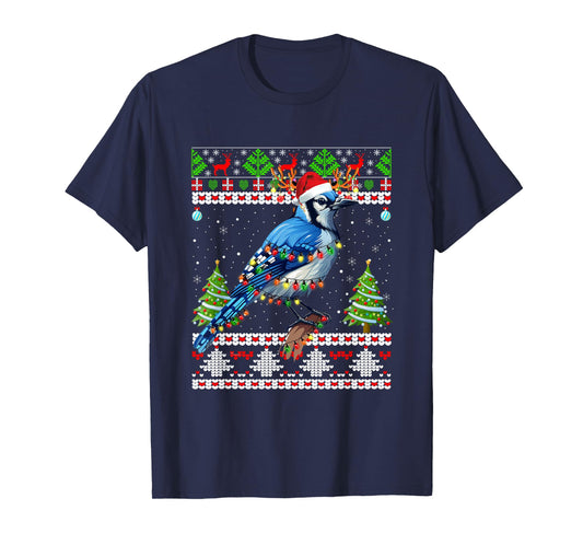 Xmas Lights Ugly Sweater Style Santa Blue Jay Bird Christmas T-Shirt