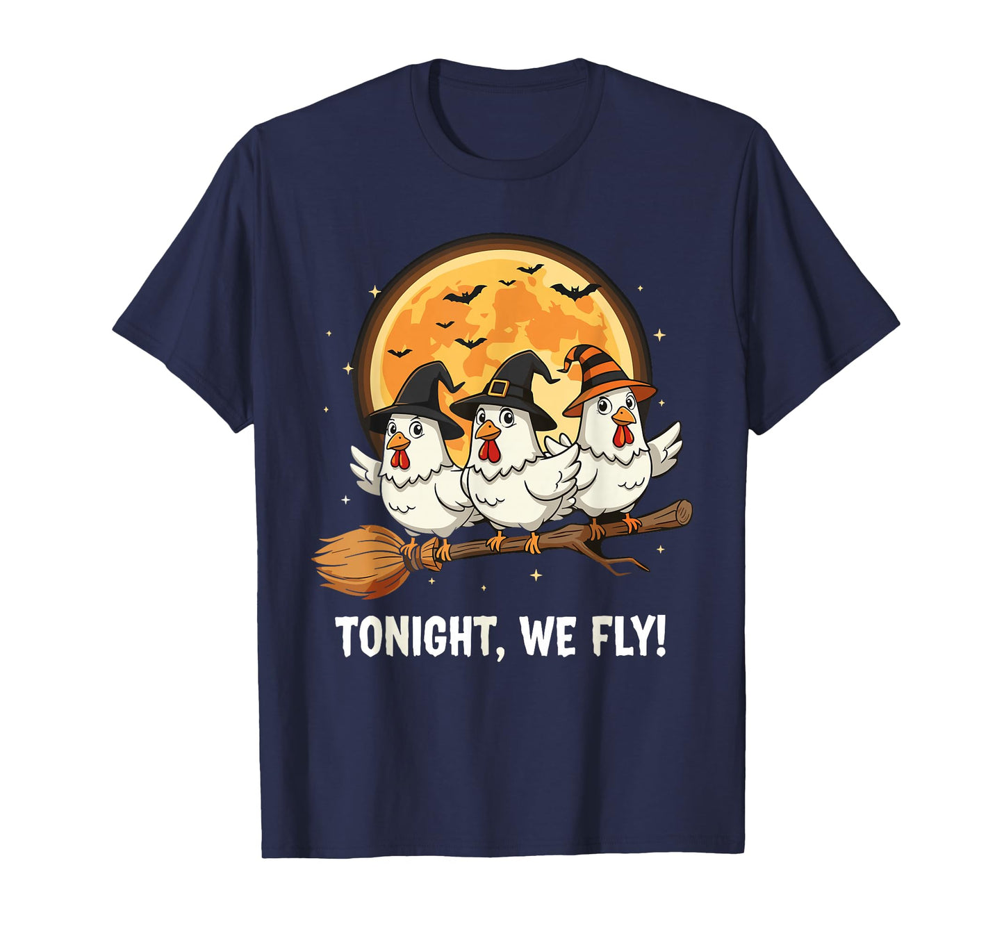 Funny Halloween Chicken Witches Broomstick Spooky Hens Moon T-Shirt