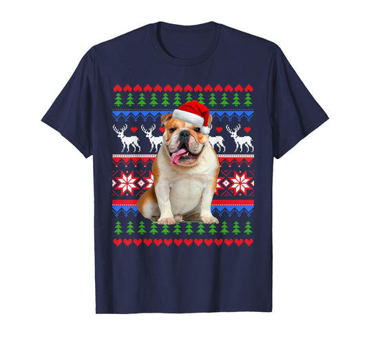 Santa English Bulldog Christmas Light Ugly Christmas Sweater T-Shirt for Men Women Kids