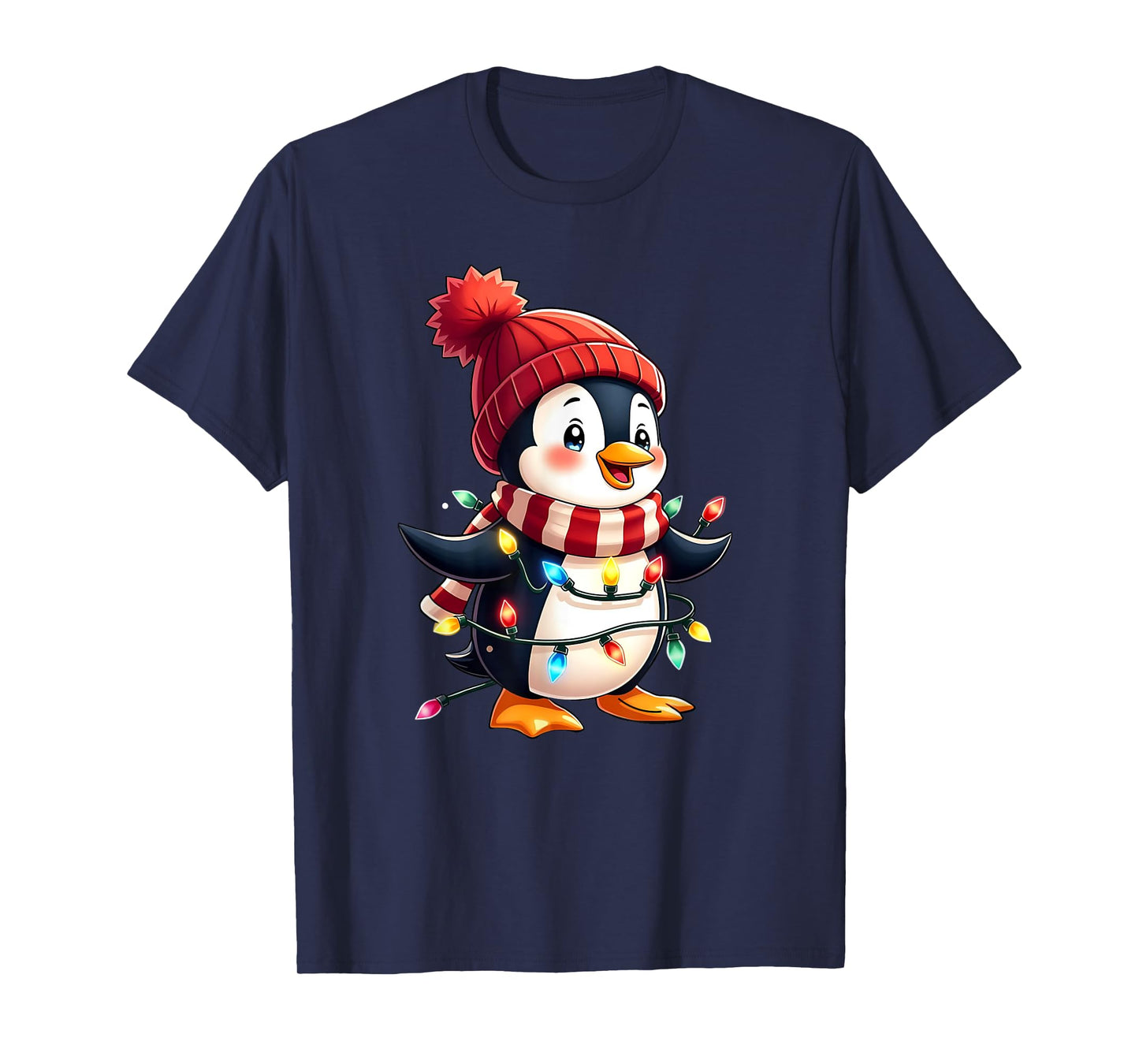 Cute Christmas Penguin Wrapped in Lights Holiday Design T-Shirt