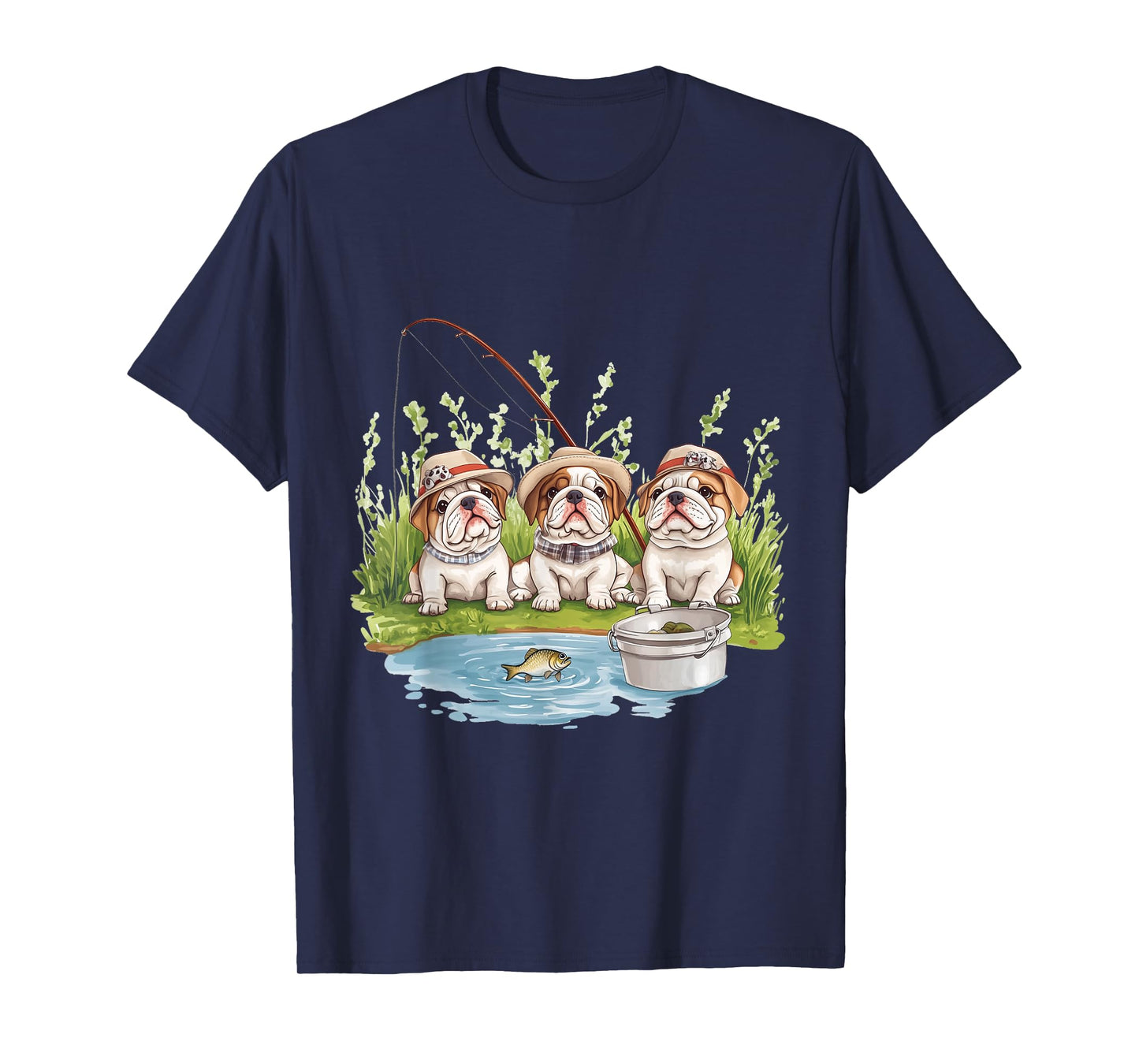 Cute English Bulldogs Fishing Pond Puppy Lake Fish Dogs T-Shirt