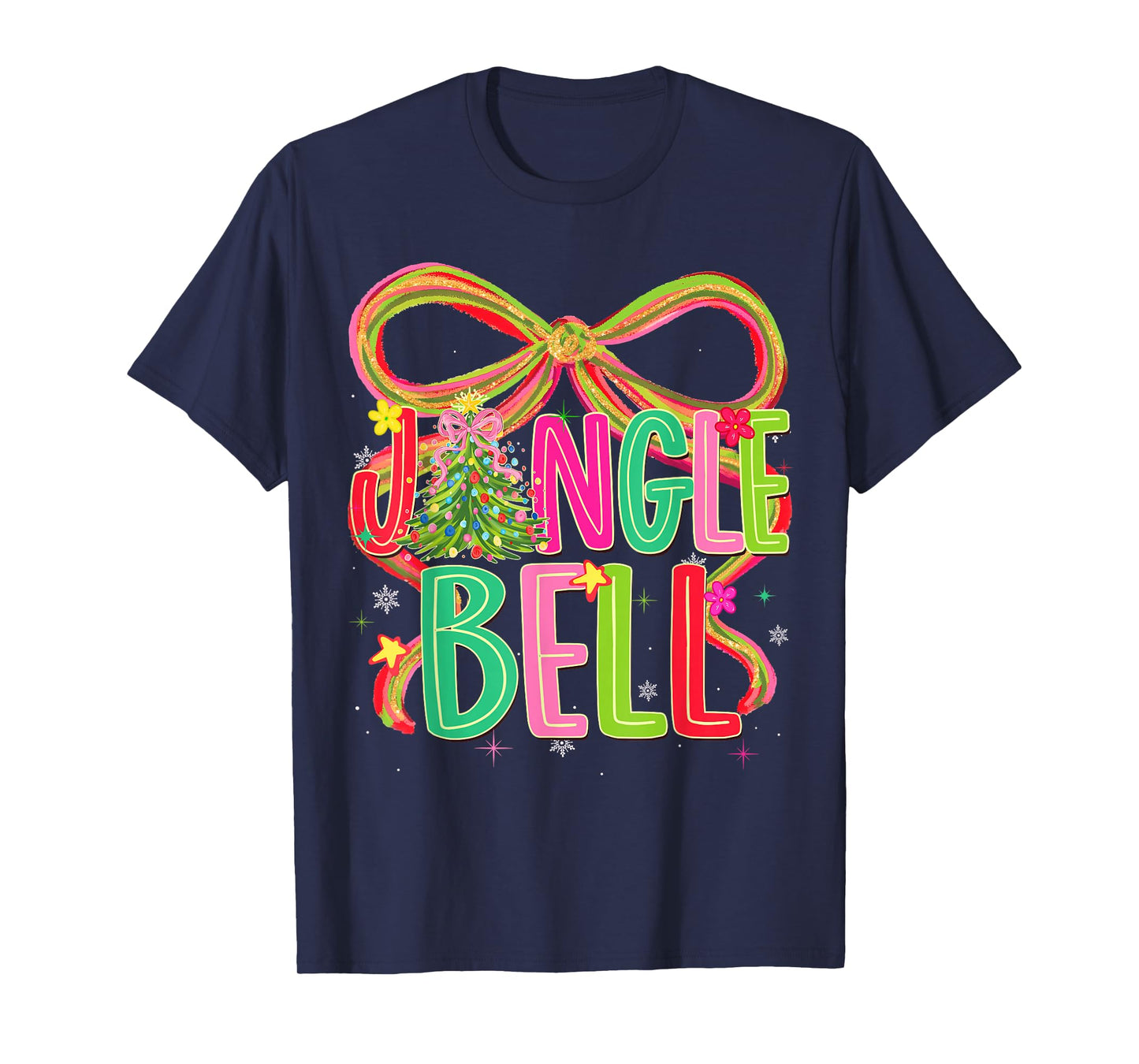 Jingle Bells Coquette Bow Merry Christmas Tree Girl Women T-Shirt