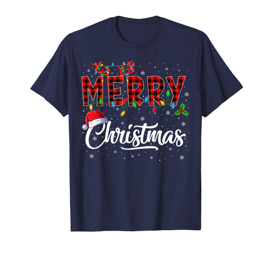 Merry Christmas Lights Santa Hat Xmas Family Men Women Kids T-Shirt
