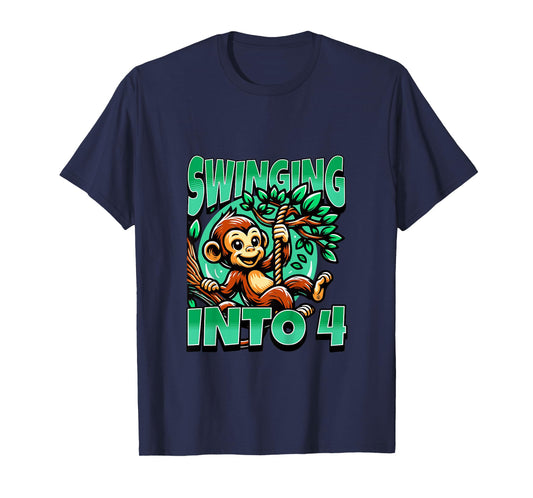 Kids Monkey Swinging Into 4 Year Old 4th Birthday Boy Girl T-Shirt